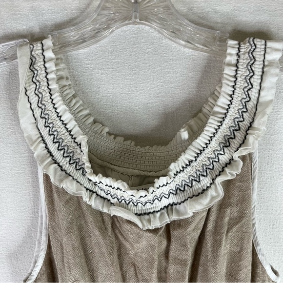 Esley Dress Womens Tan White Linen Cotton Daisy Embroidered Cottage Core Prairie - Picture 4 of 12